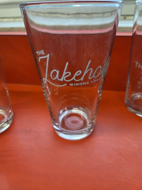 Tall pint glasses etched with The Lakehouse, Winona Lake script logo.