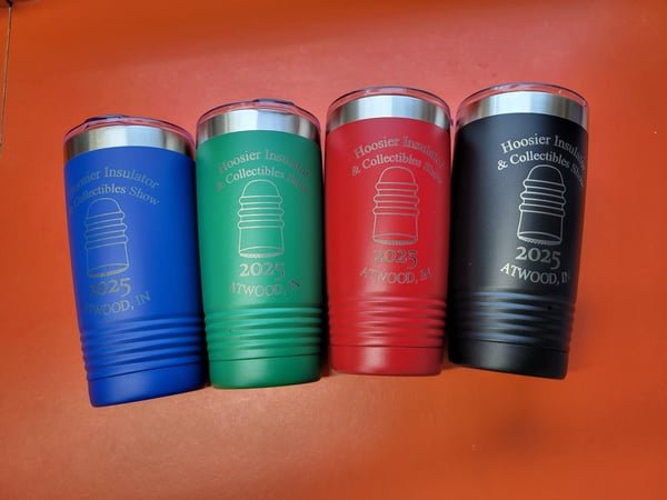 Four tumblers in blue, green, red and black, each engraved for the 2025 Hoosier Insulator and Collectibles Show.