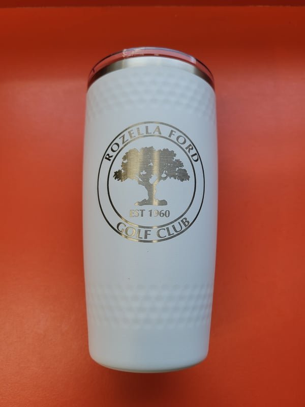 A white tumbler engraved with the Rozella Ford Golf Club Est. 1960 crest.