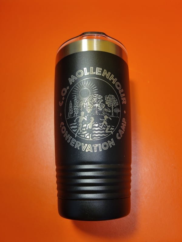 A black tumbler engraved with the C.O. Mollenhour Conservation Camp emblem.