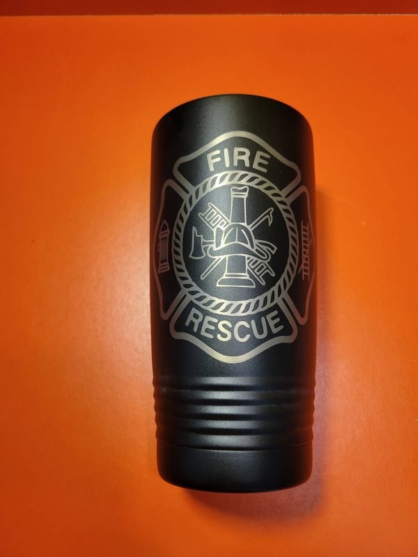 A black can cooler engraved with a fire rescue maltese-cross crest.