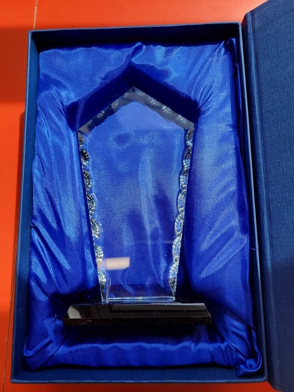 A faceted glass award seated in its blue satin presentation box.